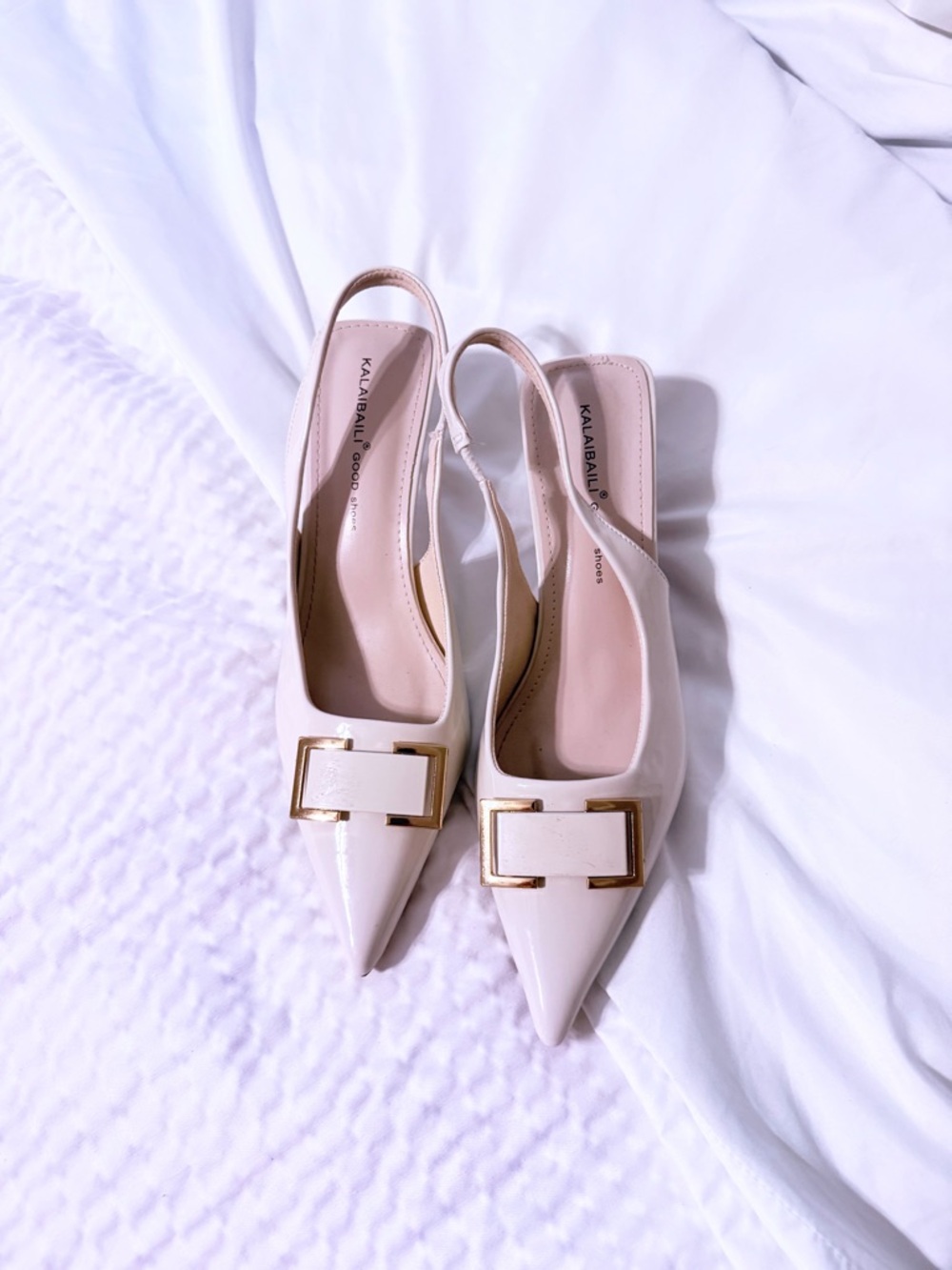 Nude Pointed Toe Slingback Flats with Gold Buckle